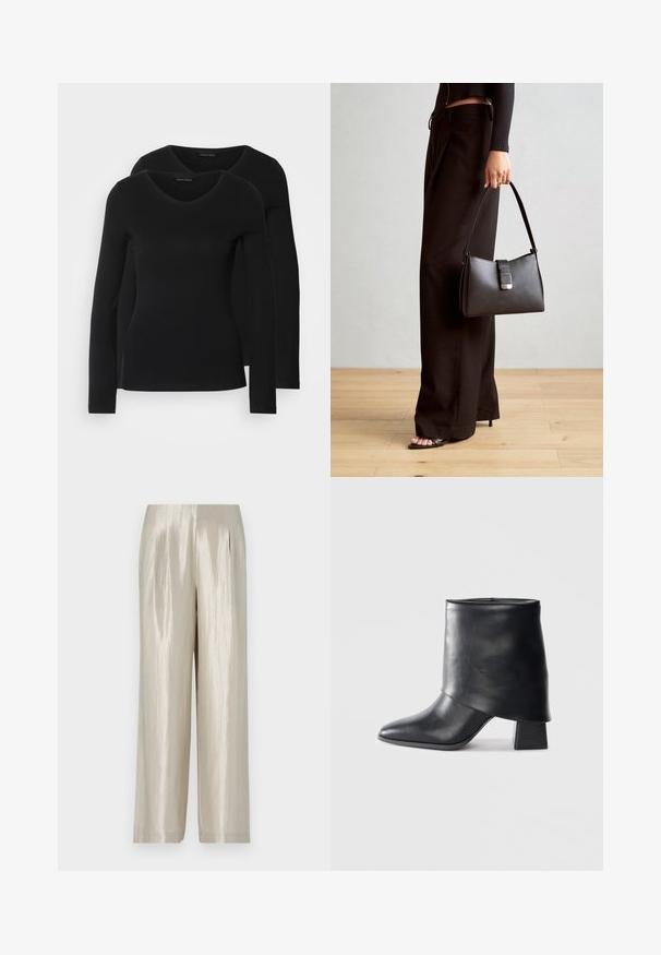 To svarte langermede skjorter med V-halsdesign, laget av mykt, elastisk stoff, viser jevn tekstur og en tettsittende fasong.; Bukser i lysebeige satinmateriale med en glat tekstur, featuring høj talje, brede ben og subtile folder for ekstra detaljer.; Sorte lær ankle boot med spiss tå, glatt tekstur og en strukturert blokkhæl. Har et høyt, brettet mansjett-design.; Svart håndveske med strukturert form, jevn tekstur og metallisk lås. Kombinert med brede svarte bukser og sandaler med åpen tå på tregulv.