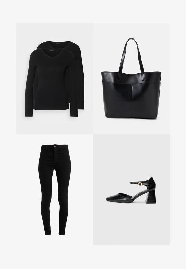 Dva crna majice dugih rukava s V-izrezom, izrađene od mekanog, rastezljivog materijala, s glatkom teksturom i prilagođenim oblikom.; Crne uske traperice visokog struka, s dizajnom od pet džepova i kopčanjem na dugme. Glatka tekstura, bez vidljivih uzoraka.; Crna lakirana visoka potpetica s izoštrenim prstom, remenom oko gležnja i teksturiranom krokodilskom šablonom. Dizajn kvadratne blok potpetice.; Crna kožna torba s dugim ručkama, glatkom teksturom i strukturiranim oblikom. Ima prednju džep za dodatno pohranu.