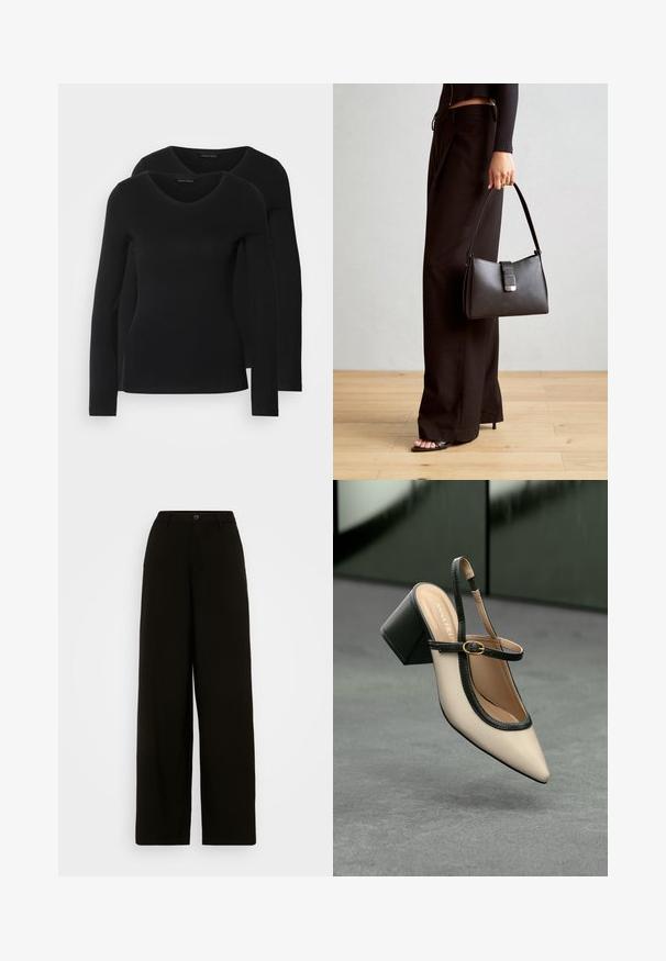 Δύο μαύρα πουκάμισα με μακριά μανίκια και σχέδιο V-λαιμό, φτιαγμένα από μαλακό και ελαστικό ύφασμα, εμφανίζοντας λεία υφή και εφαρμοστή γραμμή.; Μαύρο παντελόνι με φαρδιά πόδια, φτιαγμένο από μαλακό ύφασμα, με κουμπί στη μέση και προσαρμοσμένη σιλουέτα χωρίς ορατά σχέδια.; Μπέζ παπούτσι slingback με尖 ρεύμα και μαύρη διακοσμητική λεπτομέρεια, χρυσό κούμπωμα και χοντρό τακούνι σε γκρι δάπεδο με σκούρο πράσινο φόντο.; Μαύρη τσάντα χειρός με δομημένο σχήμα, λεία υφή και μεταλλικό κούμπωμα. Συνδυασμένη με φαρδιά μαύρα παντελόνια και σανδάλια ανοιχτής μύτης πάνω σε ξύλινο πάτωμα.
