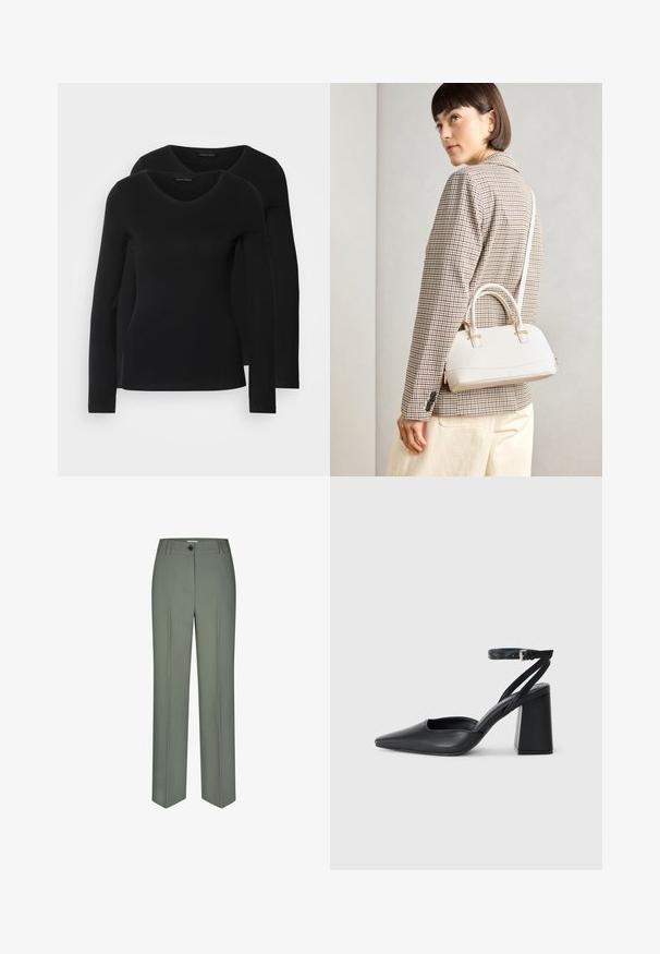 Deux chemises noires à manches longues avec un design en V, fabriquées en tissu doux et extensible, présentant une texture lisse et une silhouette ajustée.; Pantalons verts sur mesure en tissu lisse, présentant un design à jambe droite, des plis avant et une fermeture à un bouton.; Escarpin noir en cuir à bout pointu avec une bride de cheville et un talon épais. Texture lisse, design élégant et esthétique minimaliste.; Sac à main structuré blanc avec de courtes poignées et une bandoulière, doté de accents en métal doré et d'un matériau texturé, présenté sur un fond gris.; Boucle d'oreille en métal doré avec un design élégant et courbé. Présente une forme conique distinctive, une surface polie et une fermeture à charnière.