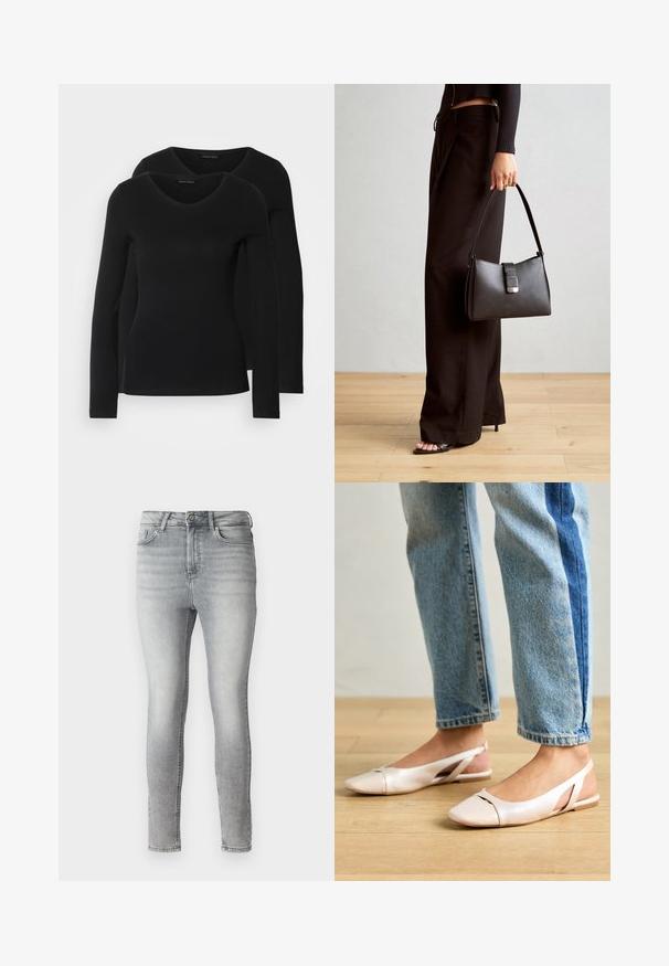 Dve črne majice z dolgimi rokavi in V-izrezom, narejene iz mehkega in raztegljivega materiala, ki prikazuje gladko teksturo in prilegnjeno obliko.; Sive usnjene skinny kavbojke z gladko teksturo, zasnovo s petimi žepi in z gumbom ter zadrgo v predelu pasu. Oblečene z zbledelim videzom po celotni dolžini.; Svijetloružičaste slingback balerinke s šiljastim nožnim prstima, napravljene od glatkog materijala nalik koži. Imaju izrezane detalje sa strane i ravne pete.; Črna torbica z strukturirano obliko, gladko teksturo in kovinskim zaponko. Ujemajo se z širokimi črnimi hlačami in odprtimi sandali na lesenem tleh.