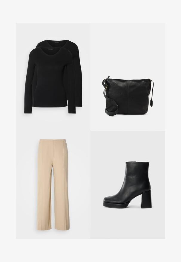 Kaksi mustaa pitkähihaista paitaa V-aukkolla, valmistettu pehmeästä ja joustavasta kankaasta, joka osoittaa sileää tekstuuria ja istuvaa muotoa.; Beige levelekkad teksad, mis on tehtud struktureeritud kangast, minimalistliku disainiga, pressitud voldikutega ja lamedate vöökohtadega.; Musta nahkasaapas nilkkapituisena, jossa on paksu korko ja alustapohja, nähtynä sivulta yksinkertaisella valkoisella taustalla.; Musta nahkainen olkalaukku, jossa on litteä muoto, kultaiset yksityiskohdat ja säädettävä hihna. Sujuva pinta, jossa on vain vähän ompelutietoja.