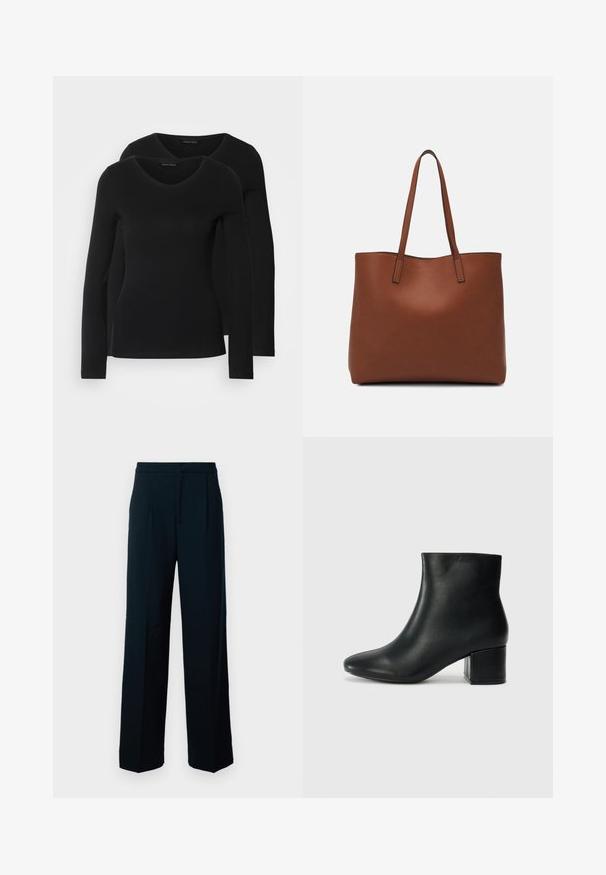 To svarte langermede skjorter med V-halsdesign, laget av mykt, elastisk stoff, viser jevn tekstur og en tettsittende fasong.; Sorte vidde bukser laget av glatt stoff, med høy midje, frontplisseringer og et rent, minimalistisk design.; Sorte skinn ankelsko med spiss tå og chunky hæl. Glatt tekstur med minimale detaljer og et elegant, tettsittende design.; Brun lær tote veske med en jevn tekstur, åpen toppdesign og to skulderstropper. Har minimal søm og ingen synlige spiker.