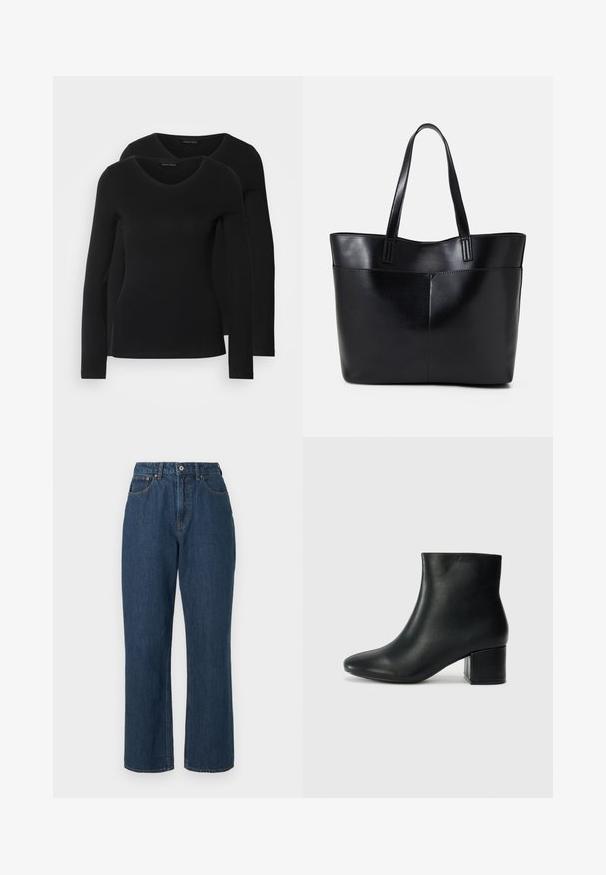 Dvoje čiernych košieľ s dlhým rukávom a výstrihom do V, vyrobených z mäkkej a elastickej látky, s jemnou textúrou a priliehavým strihom.; Modré denimové nohavice s vysokým pásom, širokými nohavicami, viditeľným šitím a jediným zapínaním na predné gombíky. Textúrovaná tkanina s hladkým povrchom.; Čierne kožené členkové čižmy s špicatou špičkou a hrubým podpätkom. Hladká textúra s minimálnymi akcentmi a elegantným, priliehavým dizajnom.; Čierna kožená tote taška s dvoma dlhými rúčkami, hladkým povrchom a štruktúrovaným tvarom. Obsahuje prednú kapsu pre dodatočné uskladnenie.
