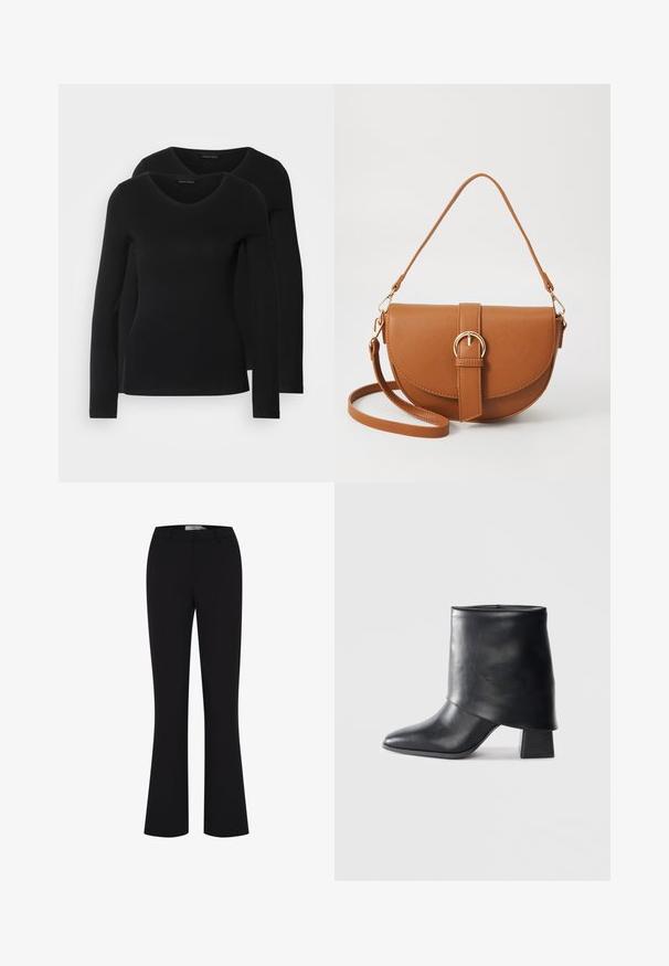Kaksi mustaa pitkähihaista paitaa V-aukkolla, valmistettu pehmeästä ja joustavasta kankaasta, joka osoittaa sileää tekstuuria ja istuvaa muotoa.; Mustat leveälahkeiset housut, jotka on valmistettu sileästä kankaasta. Housuissa on istuva vyötärö ja siisti etumuotoilu ilman taskuja.; Mustat nahka nilkkurit, joissa on terävä kärki, sileä pinta ja jämäkkä lohkosaapas. Ominaisuuksia korkea, taitettu varren muotoilu.; Ruskean nahkainen olkalaukku, jossa on kaareva muoto, kultaiset yksityiskohdat ja solkiyksityiskohta. Varustettu irrotettavalla olkahihnalla.