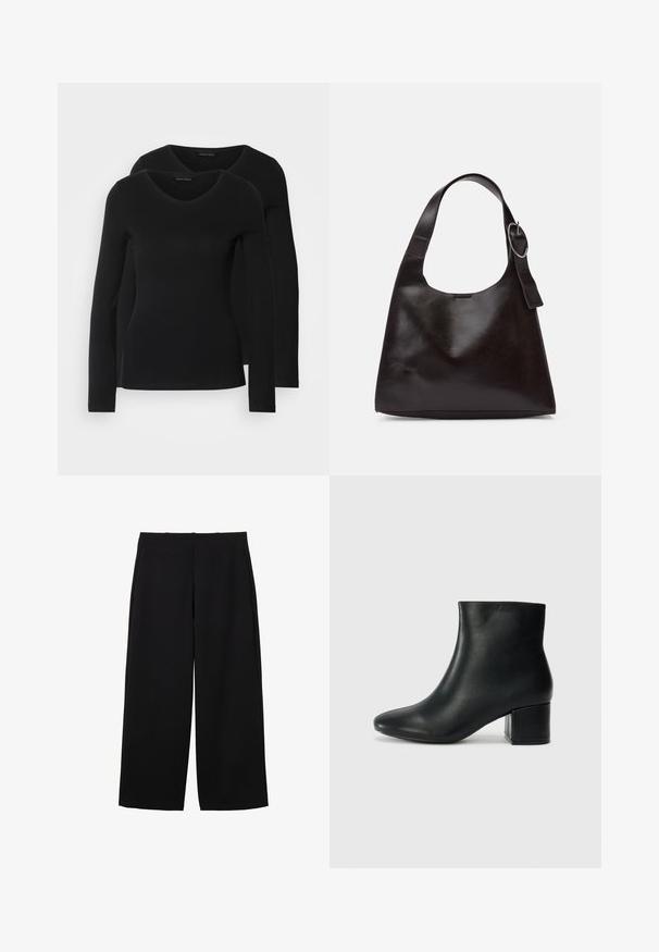 Zwei schwarze Langarmshirts mit V-Ausschnitt, aus weichem, dehnbarem Stoff, der eine glatte Textur und eine figurbetonte Passform zeigt.; Schwarze weit geschnittene Hose aus strukturiertem Stoff mit hoher Taille, ausgestattet mit frontalen Falten und einem schlichten Design. Keine sichtbaren Taschen oder Beschläge.; Schwarze Leder-Ankle-Boots mit spitzem Zehenbereich und klobigem Absatz. Glatte Textur mit minimalen Akzenten und einem eleganten, taillierten Design.; Braune Lederumhängetasche mit glatter Textur, runder Form, breitem Tragegurt und metallischem, kreisförmigem Akzent am Griff.