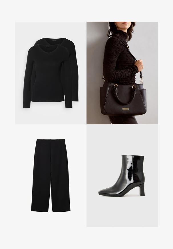Two black long-sleeve shirts with a V-neck design, made of soft, stretchy fabric, showing smooth texture and a fitted shape.; Black wide-leg trousers made of a textured fabric with a high waist, featuring front pleats and a clean design. No visible pockets or hardware.; Black patent leather ankle boot with a pointed toe and a mid-height block heel. Smooth texture and minimalist design.; Black handbag with textured surface, dual top handles, and adjustable shoulder strap. Features gold-tone hardware and side pockets.