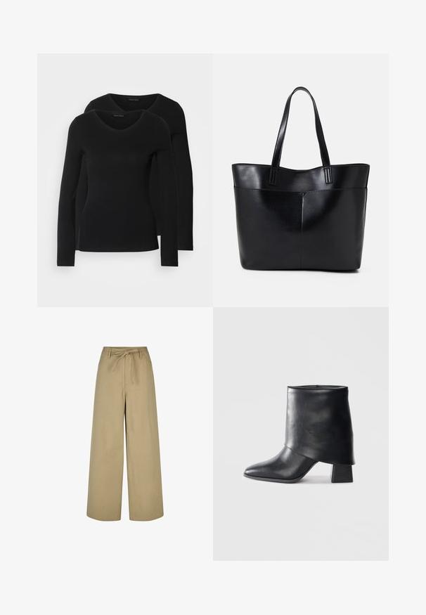 Deux chemises noires à manches longues avec un design en V, fabriquées en tissu doux et extensible, présentant une texture lisse et une silhouette ajustée.; Pantalons larges beiges à taille haute, avec un lien de serrage et deux poches latérales, fabriqués dans un tissu lisse et léger.; Bottine en cuir noir à bout pointu, texture lisse et talon bloc structuré. Elle se distingue par un design de revers haut et plié.; Sac fourre-tout en cuir noir avec deux longues poignées, une texture lisse et une forme structurée. Dispose d'une poche avant pour un rangement supplémentaire.