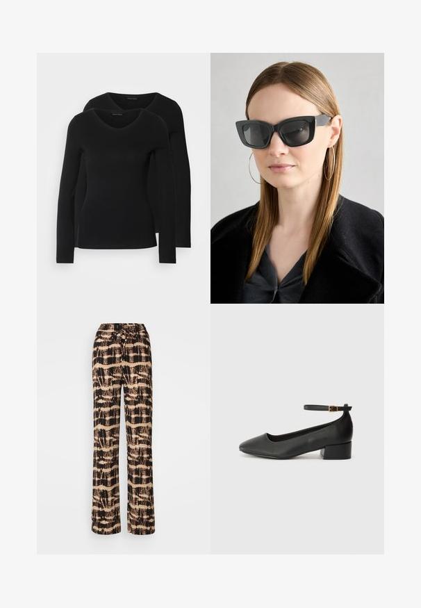 Kaks musta pika varrukaga särk, millel on V-kaelus ja mis on valmistatud pehmest ja venivast kangast, millel on sile tekstuur ja sobiv kuju.; Täpse jalaga püksid kergest kangast, millel on must ja beež abstraktne muster. Reguleeritav paelaga vöökoht, mugav lõige.; Must mustaapp, millel on terav nina ja madal blokk-kand. Omab pahkluu rihma koos kuldse tooni pandlaga. Sile tekstuur.; Must musta prillid tumedate läätsedega, paksude raamidega ja tagasihoidlike aktsentidega. Kantud musta jope ja halli särkiga, pikki sirgeid juukseid kandes.