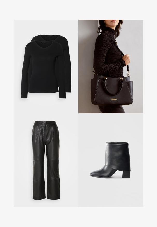 Két fekete, hosszú ujjú póló V nyakkal, puha, rugalmas anyagból, sima textúrával és testhezálló fazonnal.; Fekete bőr, széles szárú nadrág sima textúrával, magas derékkal, elülső redőkkel és látható varrásokkal. Zsebek és díszítések nélkül.; Fekete bőr bokacsizma, hegyes orral, sima felülettel és strukturált blokk sarokkal. Magas, hajtott szegéllyel rendelkezik.; Fekete kézitáska texturált felülettel, dupla felső fogantyúval és állítható vállpánttal. Arany színű fém kiegészítők és oldalsó zsebek találhatók rajta.