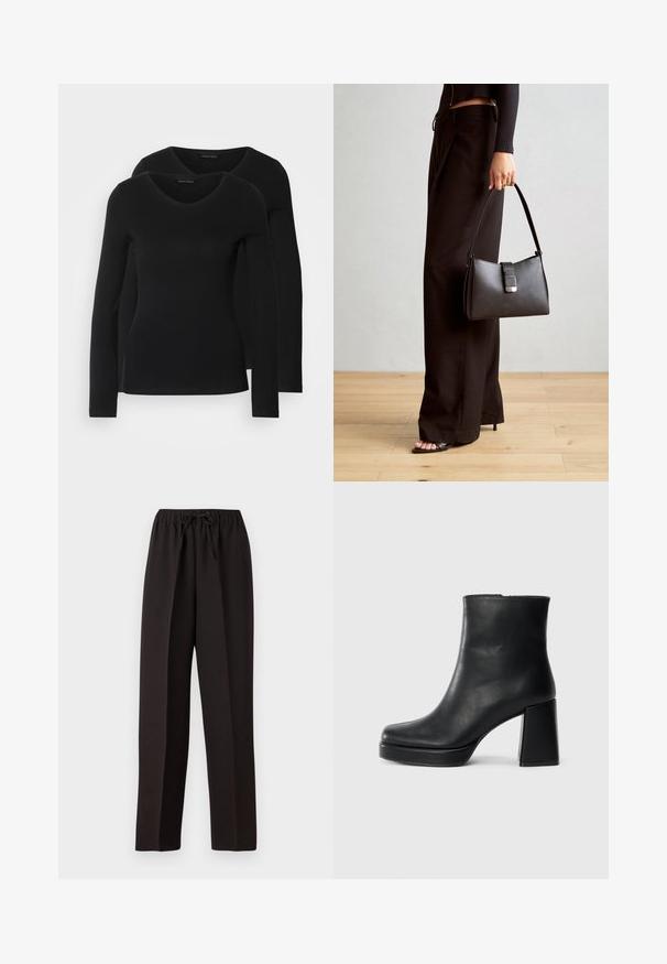 Dvoje čiernych košieľ s dlhým rukávom a výstrihom do V, vyrobených z mäkkej a elastickej látky, s jemnou textúrou a priliehavým strihom.; Čierne široké nohavice s elastickým pásom a nastaviteľnou šnúrkou. Vyrobené z hladkej, ľahkej tkaniny bez viditeľných vzorov.; Čierne kožené členkové topánky s blokovým podpätkom a platformovou podrážkou, zobrazené z boku na bielom pozadí.; Čierna kabelka so štruktúrovaným tvarom, hladkou textúrou a kovovou sponou. V kombinácii so širokými čiernymi nohavicami a sandálmi s otvorenou špičkou na drevenej podlahe.