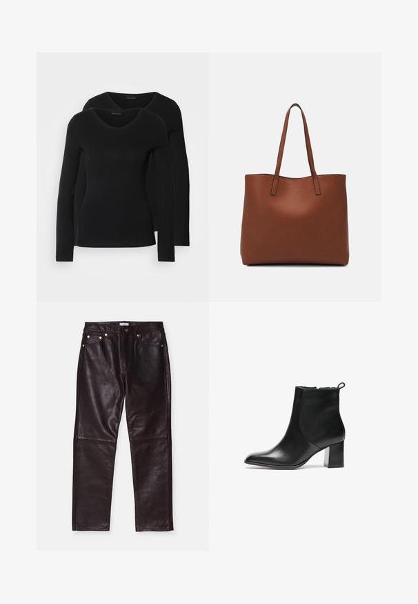 Two black long-sleeve shirts with a V-neck design, made of soft, stretchy fabric, showing smooth texture and a fitted shape.; Brown leather pants with a smooth texture, featuring four pockets, a zip fly, and metal hardware accents. Tailored straight leg design.; Black leather ankle boot with a rounded toe, a mid-height block heel, and a pull tab at the back. Smooth texture, minimal design.; Brown leather tote bag with a smooth texture, open top design, and two shoulder straps. Features minimal stitching and no visible hardware.