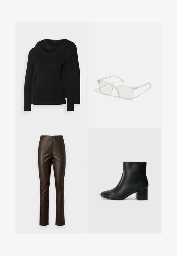 Két fekete, hosszú ujjú póló V nyakkal, puha, rugalmas anyagból, sima textúrával és testhezálló fazonnal.; Barna műbőr nadrág, szűk fazonban, sima textúrával, rugalmas derekú és egyenes szárú kialakítással.; Fekete bőr bokacsizma hegyes orral és vastag sarokkal. Sima felület minimális díszítéssel és karcsú, passzos kialakítással.; Átlátszó műanyag négyzet alakú szemüveg, áttetsző lencsékkel, arany díszítéssel a szárakon a fokozott részletekért.
