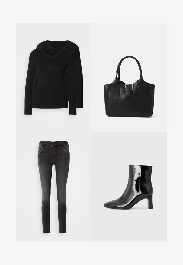 Két fekete, hosszú ujjú póló V nyakkal, puha, rugalmas anyagból, sima textúrával és testhezálló fazonnal.; Fekete, skinny fazonú farmernadrág, elülső gombos záródással, tűzdelt részletekkel a zsebeknél és sima textúrával.; Fekete lakk bőrcipő bokáig érő, hegyes orral és közepes magasságú tömbsarokkal. Simább textúrával és minimalista dizájnnal rendelkezik.; Fekete bőr bevásárlótáska sima textúrával, strukturált formával, két fogantyúval és egy figyelemfelkeltő ezüst csattal az elején.
