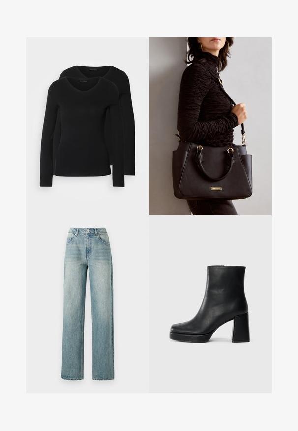 Dvě černé dlouhé rukávy trička s výstřihem do V, vyrobené z měkkého, elastického materiálu, s hladkou texturou a přiléhavým střihem.; Copenhagen Muse JEANNE PANTS - Džíny Relaxed Fit - medium dirty washed denim; Černý kožený kotníkový bot s blokovým podpatkem a platformou, viděný z boku na jednoduchém bílém pozadí.; Černá kabelka s texturovaným povrchem, dvojitými horními uchy a nastavitelným ramenním popruhem. Obsahuje zlaté kovové prvky a boční kapsy.