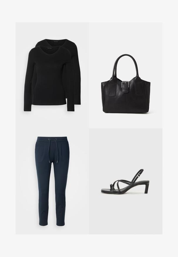 Du į juodas ilgomis rankovėmis marškiniai su V formos iškirpte, pagaminti iš minkštos, tamprios medžiagos, rodantys lygią tekstūrą ir prigludusią formą.; Tamsiai mėlynos sportinės kelnės iš minkšto audinio, su elastinga juosmens juosta ir raišteliais, dviem šoninėmis kišenėmis ir siauru kirpimu.; Juodi šlepetės su kvadratiniu pirštu ir žemu bloku kulnu. Yra keli ploni dirželiai ir reguliuojamas kulkšnies diržas. Pagaminti iš lygios odos.; Juodas odinis nešiojamas krepšys su lygiu paviršiumi, struktūrine forma, dviem rankenėlėmis ir ryškiu sidabriniu sagties akcentu priekyje.