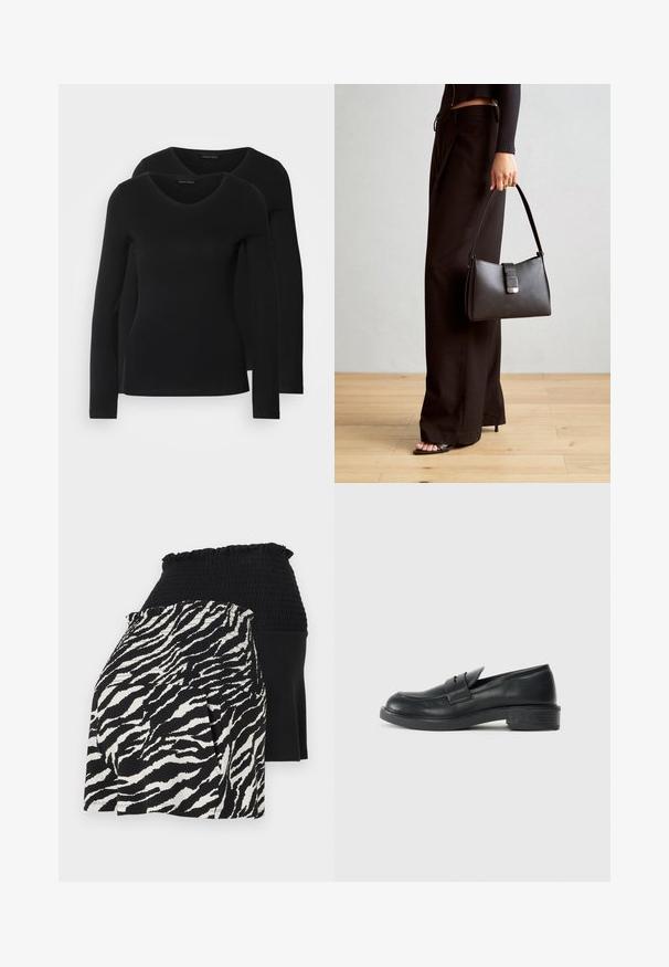 Dvoje čiernych košieľ s dlhým rukávom a výstrihom do V, vyrobených z mäkkej a elastickej látky, s jemnou textúrou a priliehavým strihom.; Čierne a biele viacvrstvové šortky so zúženým pásom, na jednej strane so vzorom zebra a na druhej strane z jednofarebnej čiernej látky.; Čierne kožené mokasíny s okrúhlym špičkou, prešívanými detailmi a malým opätkom. Hladký povrch a flexibilná gumová podrážka.; Čierna kabelka so štruktúrovaným tvarom, hladkou textúrou a kovovou sponou. V kombinácii so širokými čiernymi nohavicami a sandálmi s otvorenou špičkou na drevenej podlahe.