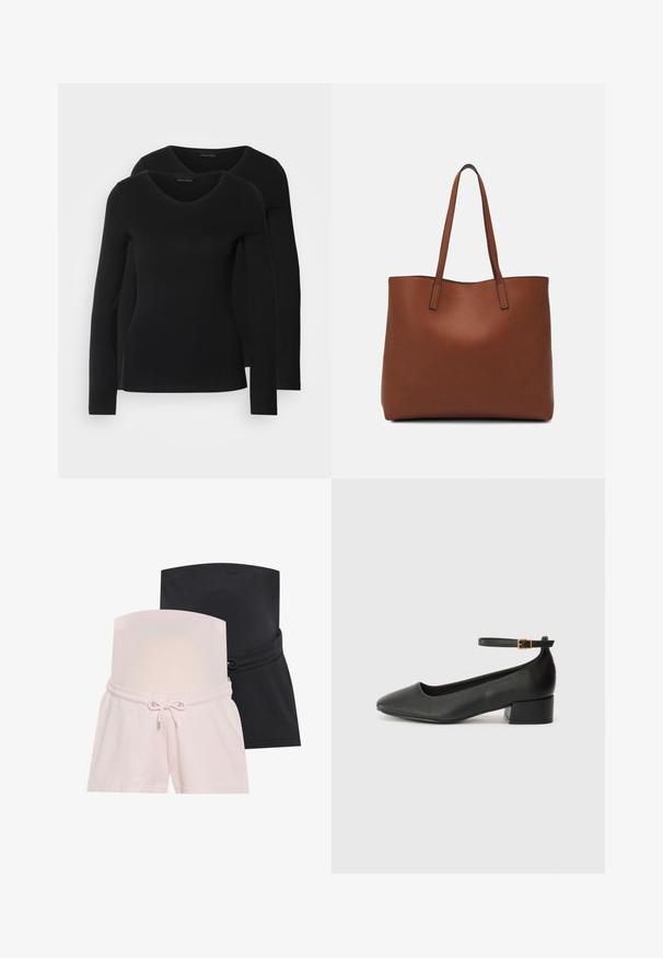 Divi melni krekli ar garām piedurknēm un V-veida kakla izgriezumu, izgatavoti no mīksta, elastīga auduma, ar gludu tekstūru un pieguļošu formas.; Divas grūtniecības šorti: vieni rozā, otrie melni. Abiem ir elastīga josta un saite regulējamai izmēram.; Melnas ādas sūkņi ar smailu purngalu un zemu bloku papēdi. Iezīmēts ar potītes siksniņu ar zelta krāsas sprādzi. Gluda tekstūra.; Brūna ādas iepirkumu soma ar gludu tekstūru, atvērta augšdaļa un divas plecu siksnas. Izceļas ar minimālām šuvēm un redzamu aparatūru nav.