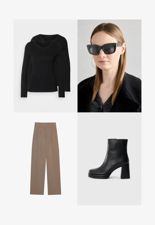 Kaks musta pika varrukaga särk, millel on V-kaelus ja mis on valmistatud pehmest ja venivast kangast, millel on sile tekstuur ja sobiv kuju.; Pruunid volditud püksid laia säärega disainiga, millel on lame vöökoht ja küljetaskud, valmistatud kergetest kangast.; Must musta ankle boot, milleplokk-konts ja platvormi tallaga, vaadatud küljelt ühetoonilise valge tausta peal.; Must musta prillid tumedate läätsedega, paksude raamidega ja tagasihoidlike aktsentidega. Kantud musta jope ja halli särkiga, pikki sirgeid juukseid kandes.