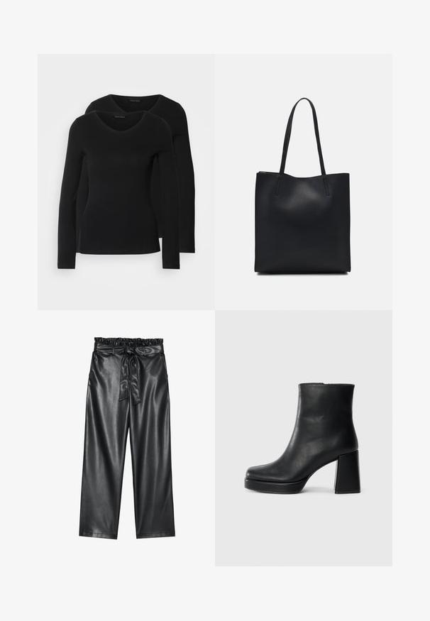 Two black long-sleeve shirts with a V-neck design, made of soft, stretchy fabric, showing smooth texture and a fitted shape.; Black faux leather wide-leg pants with an elasticated, ruffled waistband, and a detachable tie belt. Smooth texture and minimal sheen.; Black leather ankle boot with a block heel and platform sole, viewed from the side on a plain white background.; Black leather tote bag with smooth texture, rectangular shape, and two long handles. No visible hardware or embellishments.