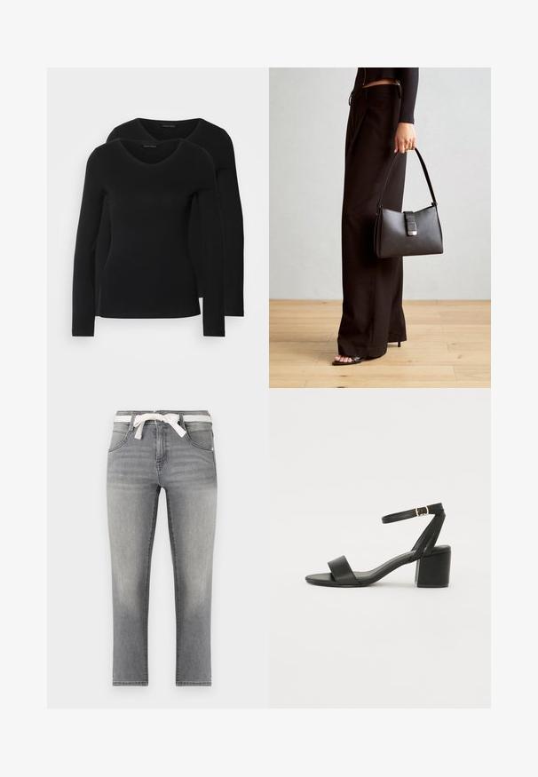 Dva crna majice dugih rukava s V-izrezom, izrađene od mekanog, rastezljivog materijala, s glatkom teksturom i prilagođenim oblikom.; Sive traperice ravnog kroja, s remenom u prugama, prednjim džepovima i suptilnim izbljeđenjima na tkanini.; Crne sandale na visoku petu s glatkim kožnim gornjim dijelom, otvorenom kapicom, širokim prednjim trakama i podesivim remenom oko gležnja s detaljem zlatne kopče.; Crna torba s oblikom koji sadrži strukturu, glađu teksturu i metalnu kopču. Uparena s širokim crnim hlačama i sandalama na otvorenom s drvenog poda.