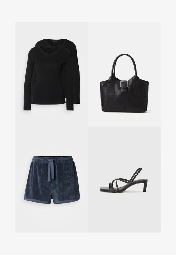 To sorte langærmede t-shirts med V-hals-design, lavet af blødt, strækbart stof, som viser en glat tekstur og en tætsiddende pasform.; Mørkeblå frottéshorts med elastisk talje, justerbar snor og lille broderet logo på siden. Blød tekstur.; Sort remsandale med firkantet tå og en lav blokeret hæl. Har flere tynde stropper og en justerbar ankelrem. Fremstillet af glat læder.; Sort læder tote taske med glat tekstur, struktureret form, to håndtag og en fremtrædende sølvspænde detalje på forsiden.