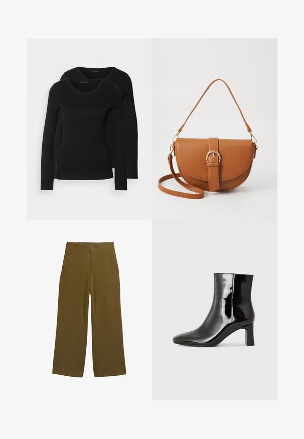 Kaks musta pika varrukaga särk, millel on V-kaelus ja mis on valmistatud pehmest ja venivast kangast, millel on sile tekstuur ja sobiv kuju.; Laiad püksid oliivroheline kangas, millel on sile tekstuur ja nähtamatud kinnitused. Kujundatud lõdva sobivuse ja puhaste joontega.; Must-sinine nahkjalats musta läikiva viimistlusega, millel on terav nina ja keskmise kõrgusega plokk konts. Sile tekstuur ja minimalistik disain.; Pruun nahast õlakott, millel on kumer kuju, kullavärvi riistvara ja pandlaga kaunistus. Omab eemaldatavat õlarihma.