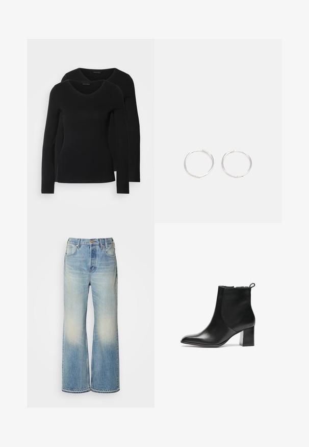 Dwie czarne koszule z długim rękawem o designie w kształcie litery V, wykonane z miękkiego, elastycznego materiału, o gładkiej teksturze i dopasowanym kroju.; Jasnoniebieskie dżinsowe spodnie o szerokich nogawkach z efektem przetarcia, z zapięciem na guzik, szlufkami na pasek i pięcioma kieszeniami.; Czarne skórzane botki za kostkę z okrągłym noskiem, średniej wysokości blokowym obcasem i pętlą z tyłu. Gładka tekstura, minimalistyczny design.; Srebrne kolczyki w kształcie obręczy o gładkim, okrągłym designie, charakteryzujące się gładką powierzchnią i brakiem widocznych ozdób. Średnica nieokreślona.