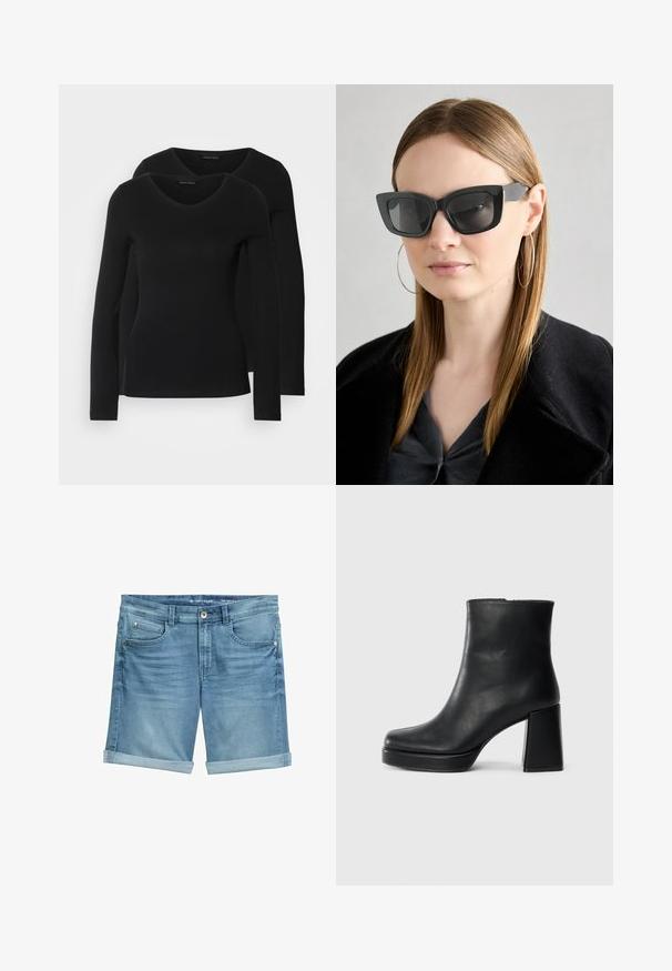 Kaksi mustaa pitkähihaista paitaa V-aukkolla, valmistettu pehmeästä ja joustavasta kankaasta, joka osoittaa sileää tekstuuria ja istuvaa muotoa.; Vaaleansiniset farkkushortsit, joissa on kulutettu pinta, kääntölahkeet, viisi taskua ja metallinen napitus vyötäröllä.; Musta nahkasaapas nilkkapituisena, jossa on paksu korko ja alustapohja, nähtynä sivulta yksinkertaisella valkoisella taustalla.; Mustan kissakuvioisen aurinkolasit tummilla linsseillä, paksuilla kehyksillä ja hillityillä yksityiskohdilla. Yhdistetty mustaan takkiin ja harmaaseen paitoihin, joissa on pitkät suorat hiukset.