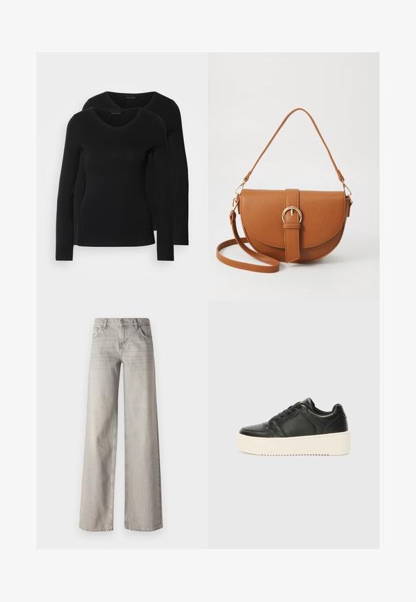 To svarte langermede skjorter med V-halsdesign, laget av mykt, elastisk stoff, viser jevn tekstur og en tettsittende fasong.; Lys grå vide bukser laget av denim, med fem-lommers design, front knappelukking og lett falmet tekstur.; Svart lær sneakers med en jevn tekstur, tykk kremfarget såle, rund tå og klassisk snøring. Subtile sømdetaljer.; Brun lærcrossbody-veske med en buet form, gullhardware og et spenneakcent. Har en avtakbar skulderreim.