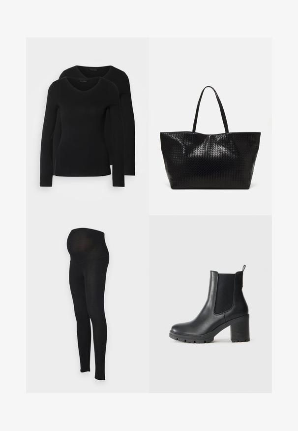 Kaks musta pika varrukaga särk, millel on V-kaelus ja mis on valmistatud pehmest ja venivast kangast, millel on sile tekstuur ja sobiv kuju.; Mustad mustriga raseduse leggingsid, millel on sile pind, kõrge vöökoht ja veniv kude, mis on loodud kasvava kõhu toetamiseks.; Must must nahkasaapad elastsete külgpaneelidega, paksu kummitald ja kõrge plokkkonts. Tagaküljel on tõmbeheebel.; Must mustri õmmeldud kott kahe tugeva käepidemega, millel on läikiv tekstuur ja avar avatud ülaosa disain.