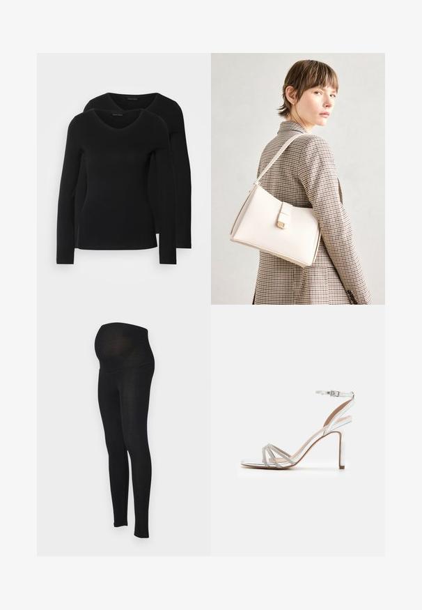 Two black long-sleeve shirts with a V-neck design, made of soft, stretchy fabric, showing smooth texture and a fitted shape.; Black maternity leggings with a smooth texture, high waist, and a stretchy fabric designed to accommodate a growing belly.; Silver high-heeled sandal with multiple straps featuring rhinestone accents, open toe design, and an ankle buckle. Smooth metallic finish.; White leather handbag with a structured design, featuring a magnetic clasp and a shoulder strap, showcased against a neutral background.