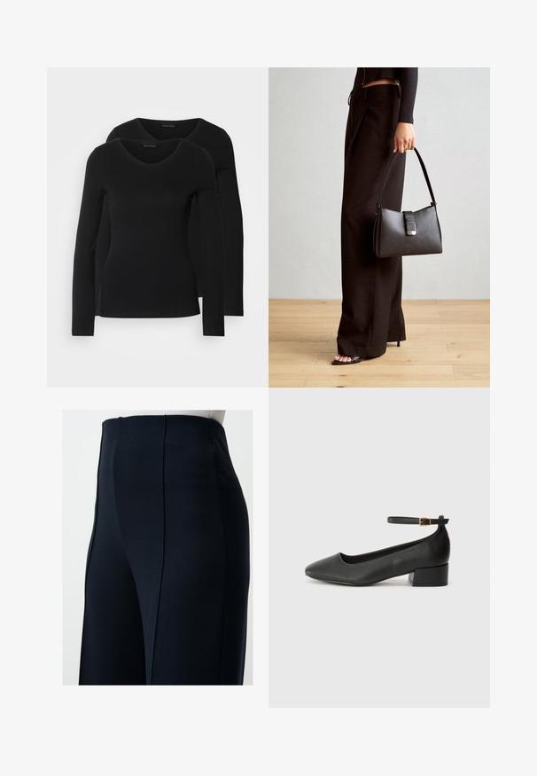 Zwei schwarze Langarmshirts mit V-Ausschnitt, aus weichem, dehnbarem Stoff, der eine glatte Textur und eine figurbetonte Passform zeigt.; Hochtaillierte, marineblaue Hose aus weichem Stoff, mit geradem Schnitt, klaren Linien und vorderen Nahtdetails für zusätzliche Struktur.; Schwarze Lederpumps mit spitzem Zehenbereich und niedrigem Blockabsatz. Mit einem Knöchelriemen und einer goldfarbenen Schnalle. Glatte Textur.; Schwarze Handtasche mit strukturierter Form, glatter Textur und einem metallischen Verschluss. Kombiniert mit weiten schwarzen Hosen und offenen Sandalen auf einem Holzboden.