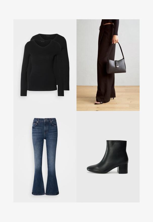 Divi melni krekli ar garām piedurknēm un V-veida kakla izgriezumu, izgatavoti no mīksta, elastīga auduma, ar gludu tekstūru un pieguļošu formas.; Tumši zili džinsi ar platām kājām un augstu vidukli, ar priekšējiem kabatām un nedaudz izbalējušām vietām gar augšstilbiem. Šuves detaļas viduklī un apakšmalā.; Melna ādas potīšu zābaki ar smailu purngalu un masīlu papēdi. Gluda tekstūra ar minimāliem akcentiem un gludu, pieguļošu dizainu.; Melnā somiņa ar strukturētu formu, gludu tekstūru un metālu sprādzi. Saskaņota ar platām melnām biksēm un sandālēm ar atvērtu purngalu uz koka grīdas.