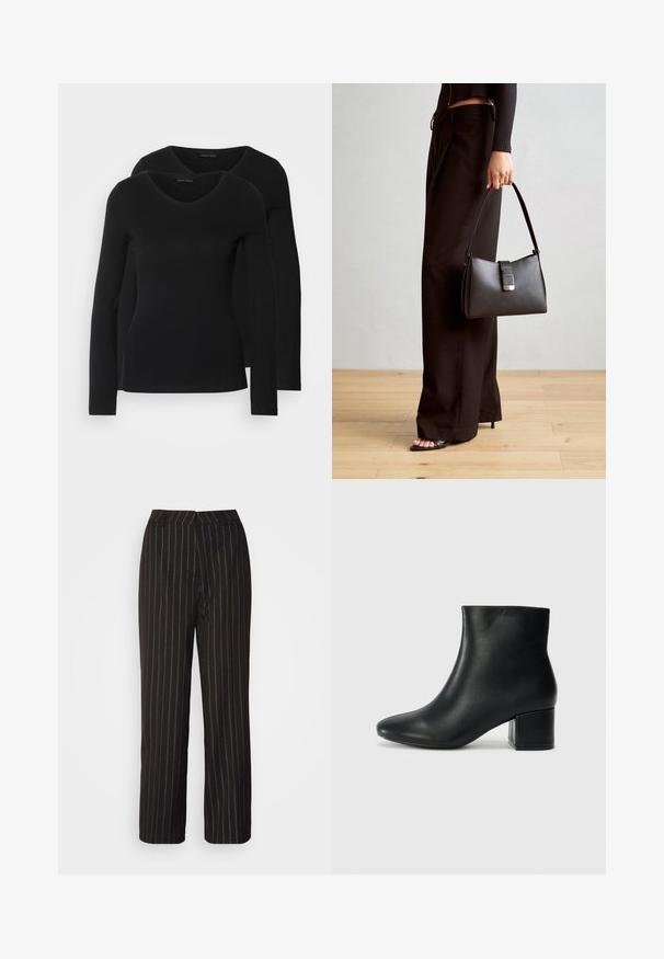 Two black long-sleeve shirts with a V-neck design, made of soft, stretchy fabric, showing smooth texture and a fitted shape.; Black trousers featuring vertical white pinstripes, a straight leg design, and a smooth fabric texture with a tailored waistband.; Black leather ankle boots with a pointed toe and a chunky heel. Smooth texture with minimal accents and a sleek, fitted design.; Black handbag with structured shape, smooth texture, and a metallic clasp. Paired with wide black pants and open-toe sandals on wooden floor.