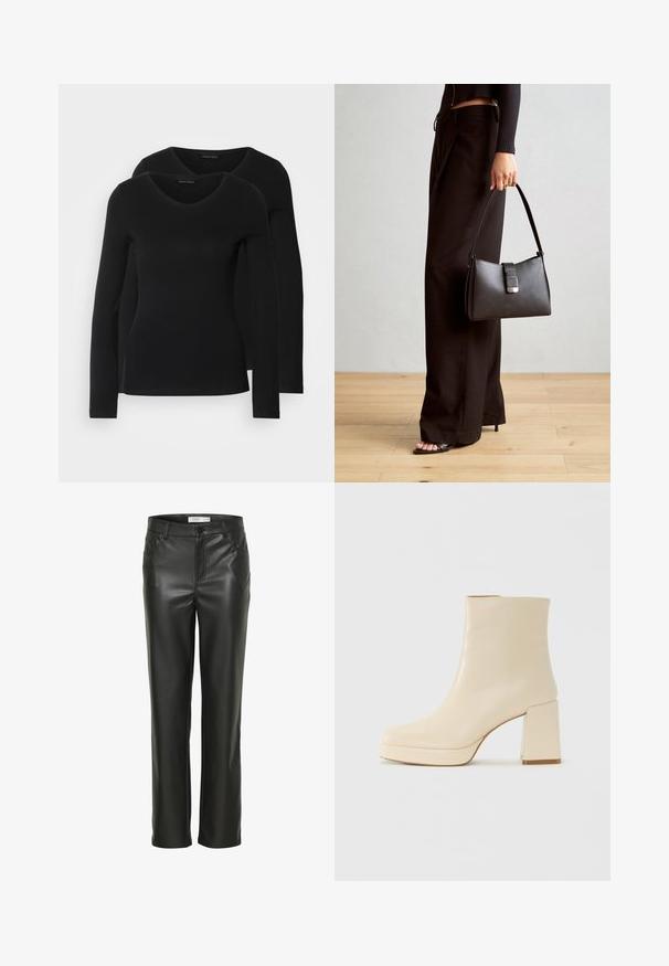Dvoje čiernych košieľ s dlhým rukávom a výstrihom do V, vyrobených z mäkkej a elastickej látky, s jemnou textúrou a priliehavým strihom.; Čierne kožené nohavice s rovnými nohavicami, predné vrecká a zapínanie na gombík. Hladká textura s elegantným vzhľadom.; Béžová kožená členková obuv s blokovým podpätkom a platformou, hladký povrch a mierne štvorcová špička, orientovaná doľava na bielom pozadí.; Čierna kabelka so štruktúrovaným tvarom, hladkou textúrou a kovovou sponou. V kombinácii so širokými čiernymi nohavicami a sandálmi s otvorenou špičkou na drevenej podlahe.