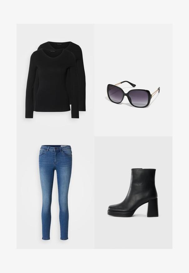 Duas camisetas pretas de manga longa com design em V, feitas de um tecido macio e elástico, apresentando uma textura suave e um formato ajustado.; Jeans skinny feitos de denim de peso médio, com uma cor azul desbotada, design de cinco bolsos e uma textura suave com um ligeiro stretch.; Bota de couro preta até ao tornozelo com salto bloco e sola com plataforma, vista de lado sobre um fundo branco liso.; Óculos de sol oversized pretos com lentes degradê, armações grossas e detalhes em corrente dourada nas hastes.