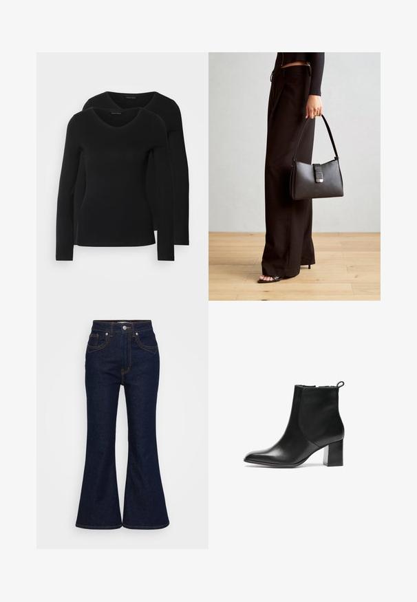 Duas camisetas pretas de manga longa com design em V, feitas de um tecido macio e elástico, apresentando uma textura suave e um formato ajustado.; Jeans de ganga de cintura alta azul escuro com pernas largas, fecho frontal com botão e zipper, e costura laranja contrastante.; Bota de tornozelo em pele preta com bico arredondado, um salto bloco de altura média e uma aba de puxar na parte de trás. Textura suave, design minimalista.; Bolsa preta com forma estruturada, textura suave e um fecho metálico. Combinada com calças largas pretas e sandálias de salto aberto sobre um chão de madeira.