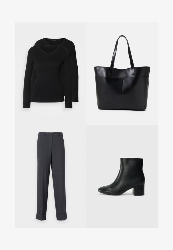 Duas camisetas pretas de manga longa com design em V, feitas de um tecido macio e elástico, apresentando uma textura suave e um formato ajustado.; Calças cinzas personalizadas, feitas de tecido texturizado, apresentando uma perna recta, passantes para cinto e bainhas franzidas para uma aparência estruturada.; Botas de tornozelo em pele preta com bico pontiagudo e um salto robusto. Textura suave com acentos mínimos e um design ajustado e elegante.; Bolsa tote preta em couro com duas alças longas, textura suave e forma estruturada. Apresenta um bolso frontal para armazenamento adicional.