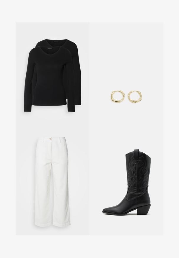 Du į juodas ilgomis rankovėmis marškiniai su V formos iškirpte, pagaminti iš minkštos, tamprios medžiagos, rodantys lygią tekstūrą ir prigludusią formą.; Balti plačios kelnės iš tekstūruoto audinio, su priekiniais mygtukais ir dviem šoninėmis kišenėmis, turinčios švarų, paprastą dizainą.; Juodas odinis kaubojiškas botas su smailiu pušku, iškaltomis vingių rašmenimis ir vidutinio aukščio kulnu. Yra kilpa, skirta patogiam užmaunimui.; Aukso žiedo auskarai su tekstūruotu, netaisyklingu paviršiumi. Yra be siūlių užsegimas ir poliruotas paviršius, akcentuojantis modernų dizainą.