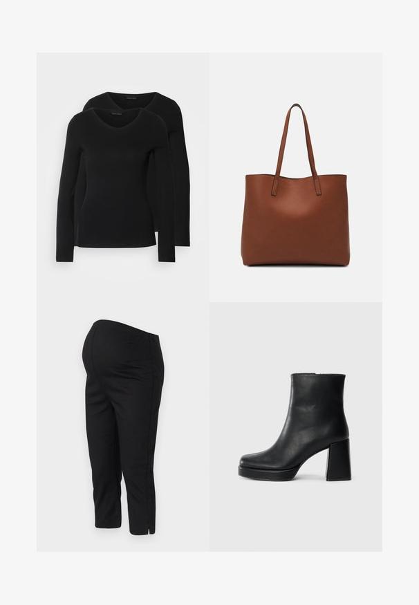 Dve črne majice z dolgimi rokavi in V-izrezom, narejene iz mehkega in raztegljivega materiala, ki prikazuje gladko teksturo in prilegnjeno obliko.; Črne športne hlače z elastičnim pasom, krajšega kroja in stranskimi razporki na robovih za enostavno gibanje. Gladka tekstura.; Črne usnjene gležnjarje z blok peto in platformo, prikazane s strani na enobarvni beli podlagi.; Rjava usnjena torba z gladko teksturo, odprto zasnovo zgoraj in dvema naramnima trakovoma. Opremljena je z minimalnim šivanjem in brez vidnih kovinskih delov.