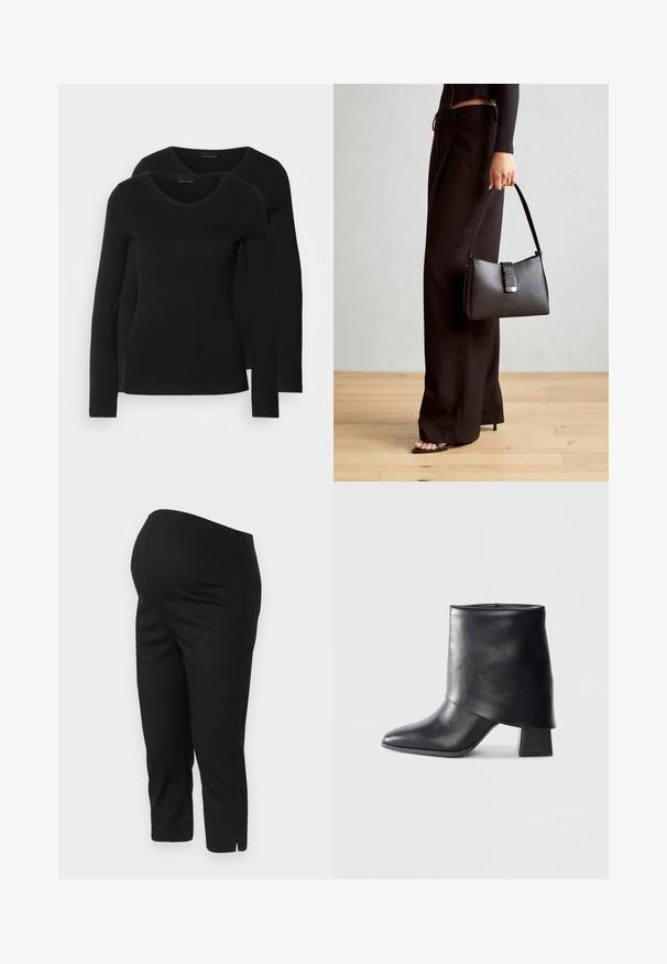Dva crna majice dugih rukava s V-izrezom, izrađene od mekanog, rastezljivog materijala, s glatkom teksturom i prilagođenim oblikom.; Crne tajice sa elastičnim pojasom, skraćenog kroja i bočnim prorezima na rubovima za lakše kretanje. Glatka tekstura.; Crna kožna čizme do gležnja sa šiljastim prstom, glatke teksture i strukturiranim blok petom. Ima visoki, preklopljeni dizajn manžetne.; Crna torba s oblikom koji sadrži strukturu, glađu teksturu i metalnu kopču. Uparena s širokim crnim hlačama i sandalama na otvorenom s drvenog poda.