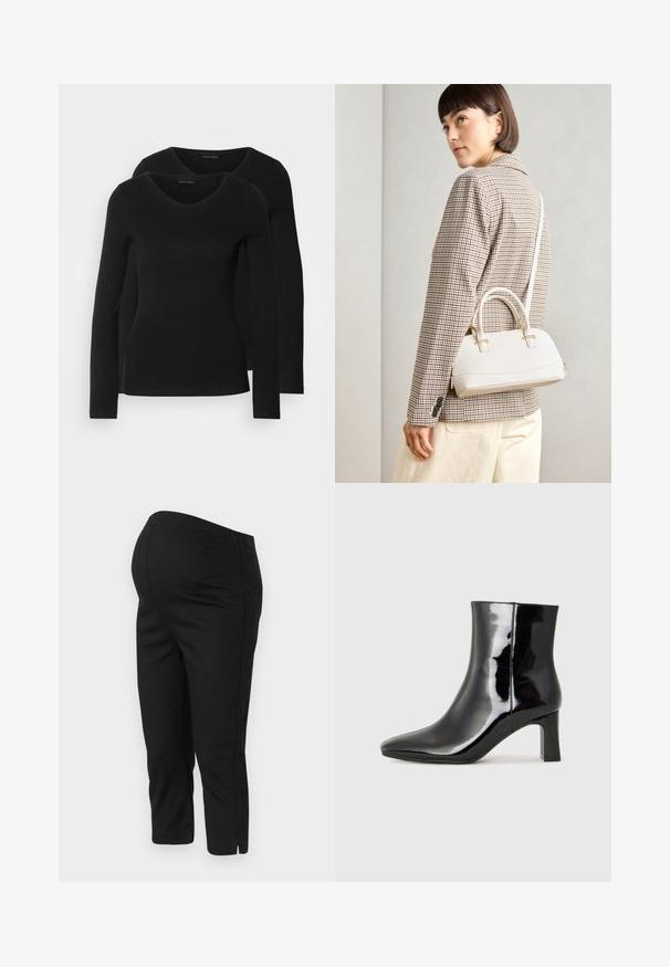 Dva crna majice dugih rukava s V-izrezom, izrađene od mekanog, rastezljivog materijala, s glatkom teksturom i prilagođenim oblikom.; Crne tajice sa elastičnim pojasom, skraćenog kroja i bočnim prorezima na rubovima za lakše kretanje. Glatka tekstura.; Crne lakirane kožne gležnjače s šiljastim prstom i srednje visokom blok petom. Glatka tekstura i minimalistički dizajn.; Bijela strukturna torba s kratkim ručkama i remenom za rame, s zlatnim metalnim detaljima i teksturiranim materijalom, prikazana na sivoj pozadini.