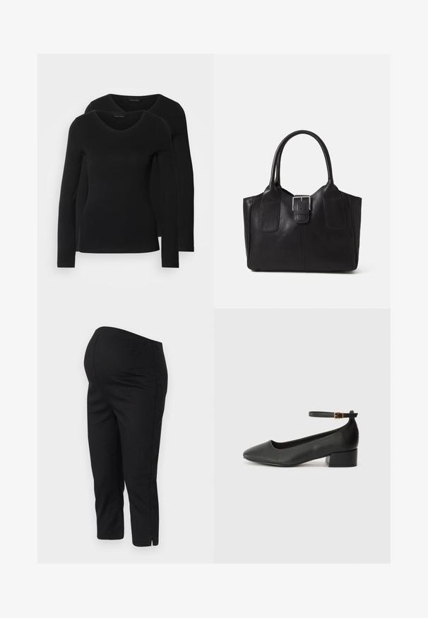 Dva crna majice dugih rukava s V-izrezom, izrađene od mekanog, rastezljivog materijala, s glatkom teksturom i prilagođenim oblikom.; Crne tajice sa elastičnim pojasom, skraćenog kroja i bočnim prorezima na rubovima za lakše kretanje. Glatka tekstura.; Crne kožne pumpe s oštrim vrhom i niskom blok petom. Sadrže remen oko gležnja s zlatnim kopčanjem. Glatka tekstura.; Crna kožna torba za nošenje s glatkom teksturom, strukturiranim oblikom, dvije ručke i istaknutim srebrnim kopčanjem na prednjoj strani.