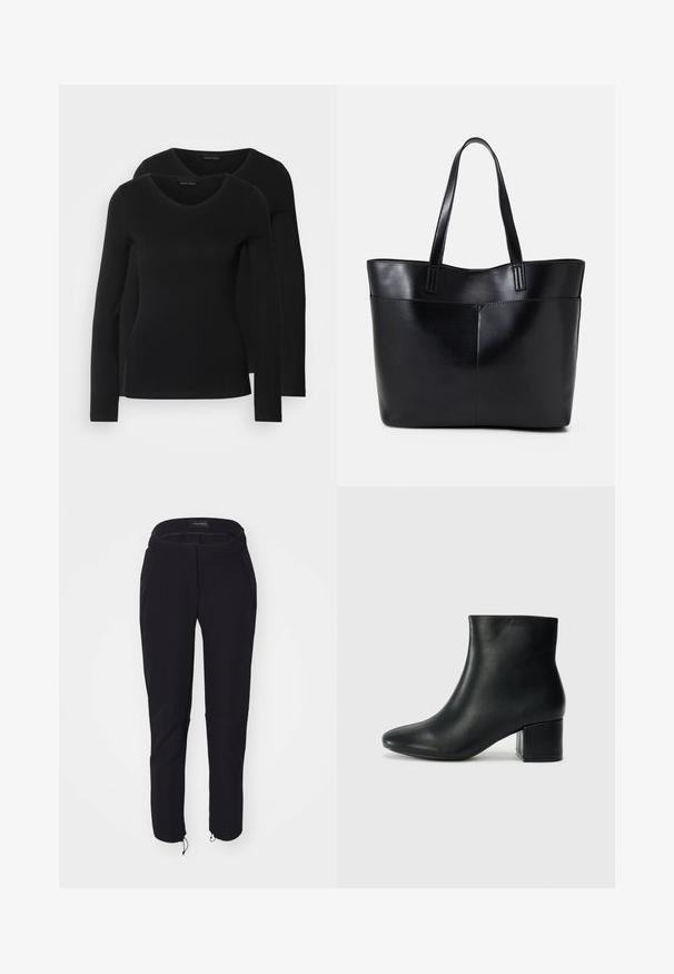 Két fekete, hosszú ujjú póló V nyakkal, puha, rugalmas anyagból, sima textúrával és testhezálló fazonnal.; Fekete nadrág sima textúrával, testhezálló fazonnal, rugalmas derékszíjjal, két oldalsó zsebbel és állítható szárakkal, húzózsinórral.; Fekete bőr bokacsizma hegyes orral és vastag sarokkal. Sima felület minimális díszítéssel és karcsú, passzos kialakítással.; Fekete bőr bevásárlótáska két hosszú fogantyúval, sima felülettel és strukturált formával. Elülső zseb található rajta a plusz tárolás érdekében.