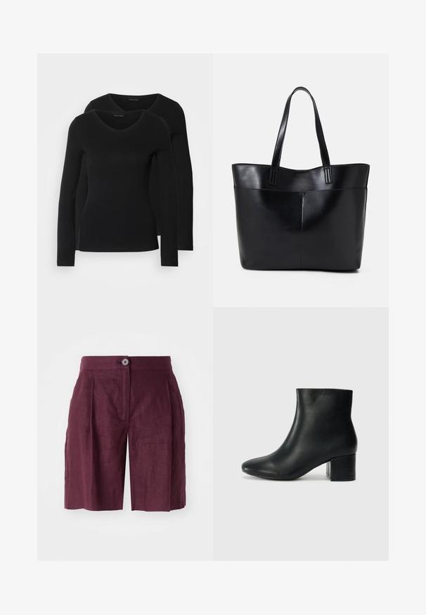 Twee zwarte longsleeve shirts met een V-hals ontwerp, gemaakt van zachte, rekbare stof, die een gladde textuur en een getailleerde vorm laten zien.; Bordeaux linnen shorts met een tailored fit, voorzien van een knoopsluiting, voorplooien en zijzakken, gladde textuur en een knielange snit.; Zwarte leren enkellaarzen met een spitse neus en een chunky hak. Gladde textuur met minimale accenten en een slank, strakk ontwerp.; Zwarte leren tote bag met twee lange handvatten, een zachte textuur en een gestructureerde vorm. Voorzien van een voorvak voor extra opslagruimte.