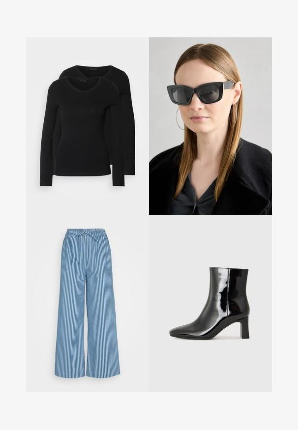 Két fekete, hosszú ujjú póló V nyakkal, puha, rugalmas anyagból, sima textúrával és testhezálló fazonnal.; Kék csíkos, bő szárú nadrág elasztikus derékkal és kötözővel. Az anyag könnyű, függőleges fehér csíkokkal a kontraszt érdekében.; Fekete lakk bőrcipő bokáig érő, hegyes orral és közepes magasságú tömbsarokkal. Simább textúrával és minimalista dizájnnal rendelkezik.; Fekete macskaszem napszemüveg sötét lencsékkel, vastag kerettel és diszkrét díszítésekkel. Fekete kabátot és szürke felsőt visel, hosszú egyenes hajjal.