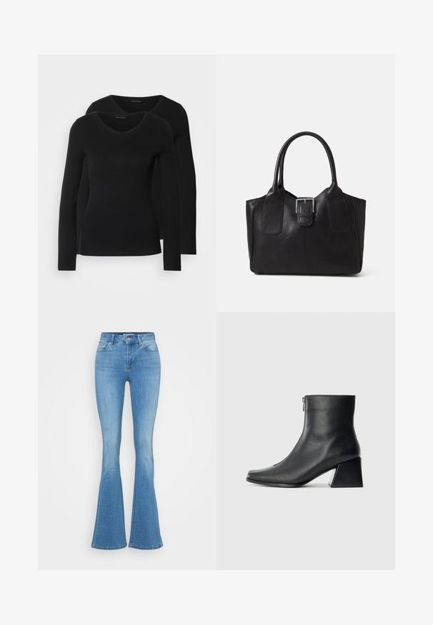 To svarte langermede skjorter med V-halsdesign, laget av mykt, elastisk stoff, viser jevn tekstur og en tettsittende fasong.; Lyseblå, utsvingte jeans laget av denim, med subtile rhinestones, femlomme-design og knappelukking i midjen.; Sorte skinnankelsko med firkantet tå, glidelås på siden og blokkhæl mot en vanlig lys bakgrunn.; Svart skinn toteveske med jevn tekstur, strukturert form, to håndtak og en fremtredende sølvspenne foran.