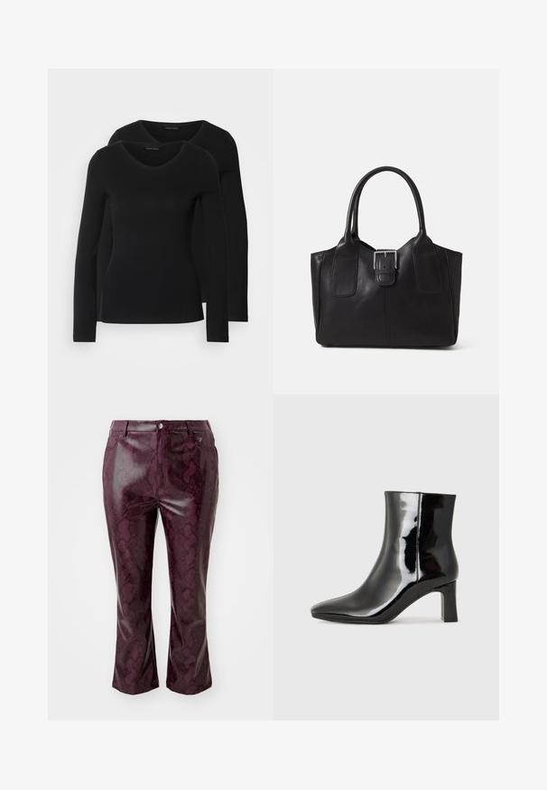Du į juodas ilgomis rankovėmis marškiniai su V formos iškirpte, pagaminti iš minkštos, tamprios medžiagos, rodantys lygią tekstūrą ir prigludusią formą.; Burgundi spalvos dirbtinės odos kelnės su gyvatės odos raštu, prigludusi forma ir tiesios kojos. Yra juosmens apdaila ir priekinis mygtuko užsegimas.; Juodos lakuotos odinės aulinukės su smailiu pirštu ir vidutinio aukščio blokuotu kulnu. Lygus paviršius ir minimalistinis dizainas.; Juodas odinis nešiojamas krepšys su lygiu paviršiumi, struktūrine forma, dviem rankenėlėmis ir ryškiu sidabriniu sagties akcentu priekyje.