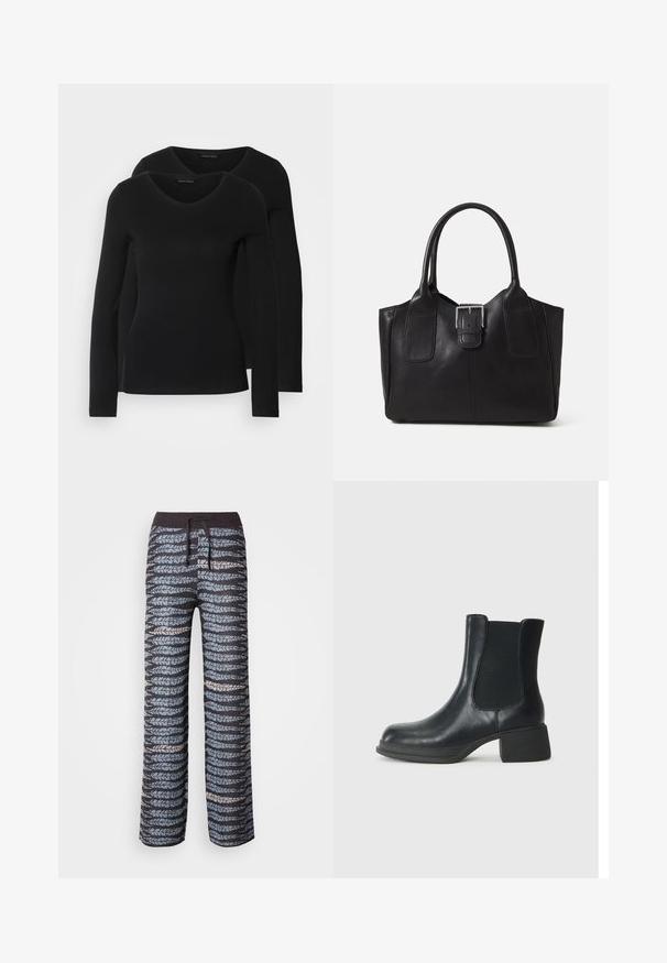 Zwei schwarze Langarmshirts mit V-Ausschnitt, aus weichem, dehnbarem Stoff, der eine glatte Textur und eine figurbetonte Passform zeigt.; Schwarze Jogginghose mit blauem und grauem, blattformigem Muster, elastischem Bund, Kordelzug und weitem Schnitt. Weiche Textur, lockere Passform.; Schwarze Leder-Stiefelette mit elastischen seitlichen Einsätzen, runder Zehenpartie und niedrigem Blockabsatz. Die Oberfläche hat eine glatte Textur und minimalistische Details.; Schwarze Leder-Tote mit glatter Textur, strukturiertem Design, zwei Griffen und einem auffälligen silbernen Schnallen-Detail auf der Vorderseite.